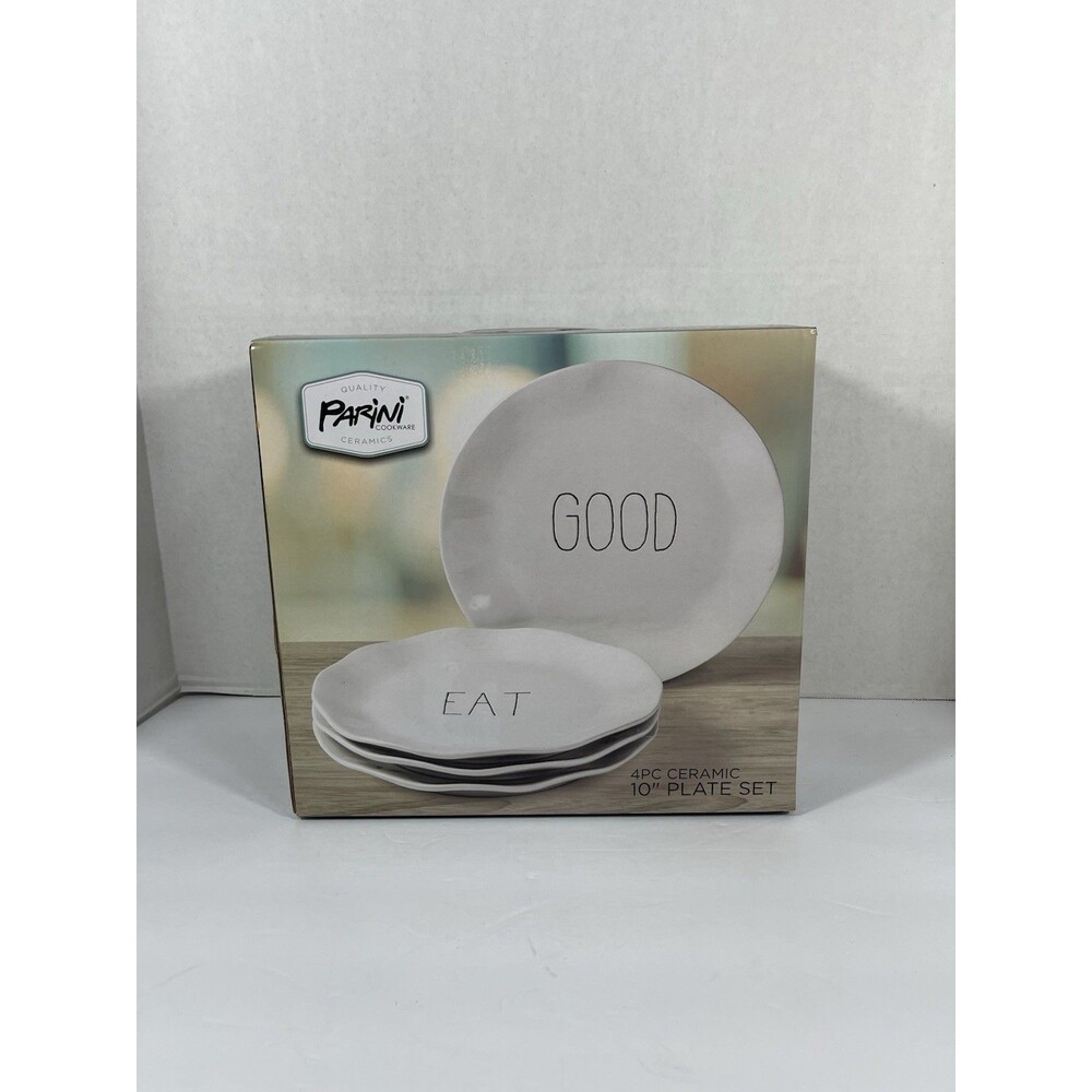 Parini 4 Piece Ceramic 10 Inch Plate Set TASTY YUMMM GOOD EAT Design